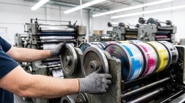 Printer adjusting the color ink rollers on a large industrial offset printing machine