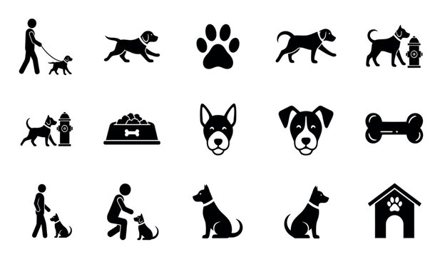 Black silhouette icons representing dogs owners and related pet items