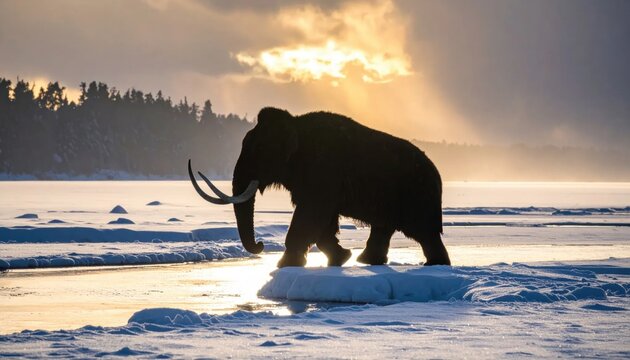 Silhouette of a Woolly Mammoth walking across a frozen landscape at sunset.