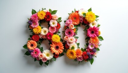 Obraz premium Number 80 formed from colorful flowers on white background. Perfect for 80th birthday, anniversary, or celebration invitations and decor. Floral art.