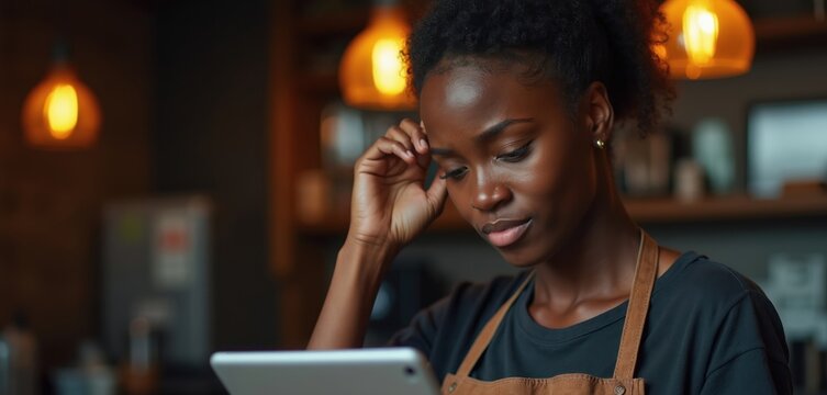 Young african american woman in apron looks at tablet with worried expression. Female cafe owner stressed by business problems, debt, burnout, fatigue from work, thinking.