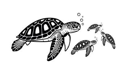 Fototapeta premium Sea turtle family mother and hatchlings swimming in the ocean depths