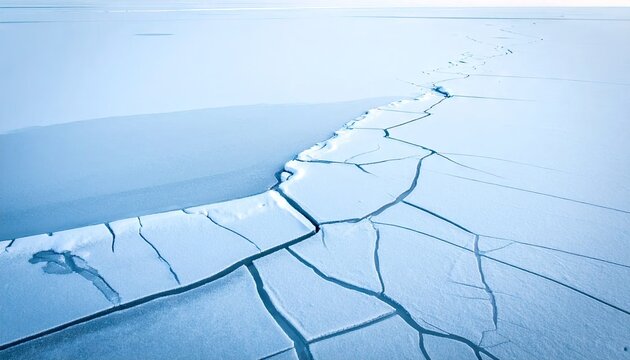 Aerial view of cracked ice pattern on a frozen lake surface with copy space