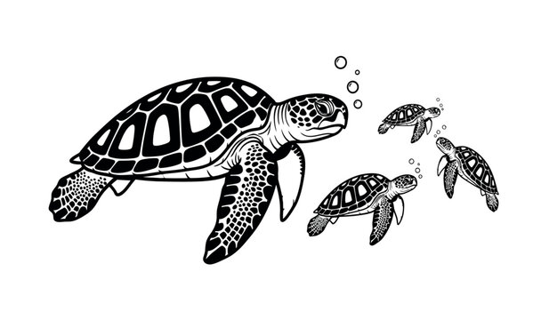 Sea turtle family mother and hatchlings swimming in the ocean depths