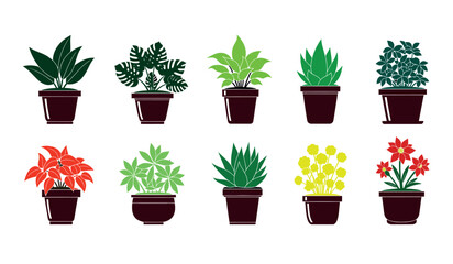 Fototapeta premium Black silhouette collection of potted indoor plants and greenery