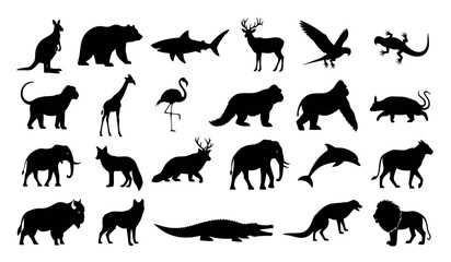 Silhouette collection diverse wildlife animals in black and white design © Apai