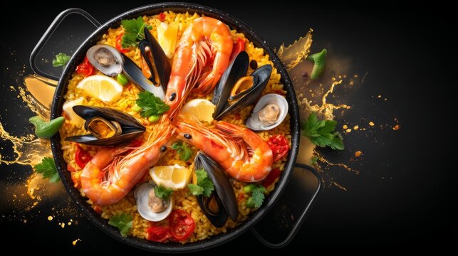 Colorful Seafood Paella in Pan with Shrimp and Fresh Garnishes