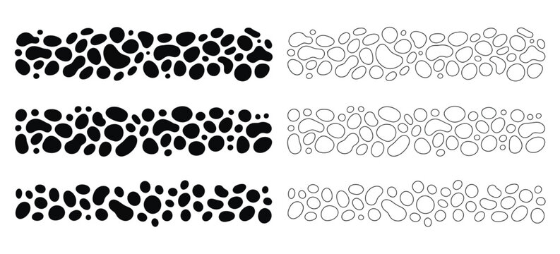 Seamless stone pattern borders collection, black and white cobblestone and pebble vector templates with smooth rounded outlines for interior decoration
