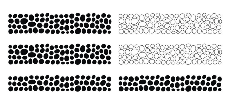 Stones seamless borders vector set, black and white paving seamless patterns with smooth pebble textures