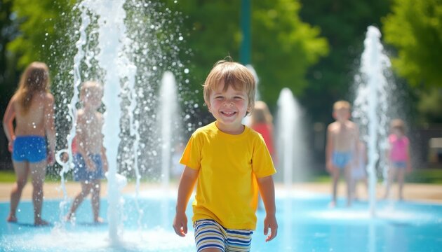 Young boy in yellow shirt laughs while playing in a splash pad water fountain. Other kids run and splash around him on a sunny day enjoying outdoor fun.