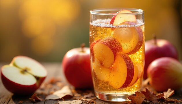 Sparkling apple cider in glass with apple slices on wooden table. Fresh fruit drink, autumn harvest beverage, festive party refreshment, crisp natural liquid.