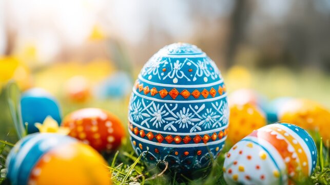Colorful Easter Egg Sculpture with Intricate Patterns and Spring Floral Background