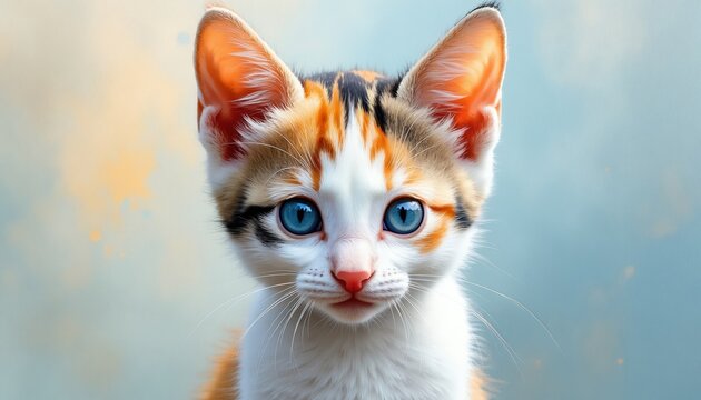 Close-up portrait of a cute calico kitten with striking blue eyes. The fluffy feline has white orange and black fur patterns. Soft pastel background complements this adorable animal art.