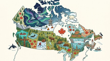 Vintage style illustrated map of Canada with central maple leaf, wildlife, nature, and cultural landmarks © Unimaginable Pic