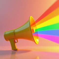 Obraz premium Yellow megaphone emits rainbow colors. Use this for announcements promotions and advertising campaigns to spread messages to a wide audience.