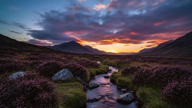Time-lapse of Sunset Over Stream and Heather Landscape in Scottish Highlands, Dramatic Skies