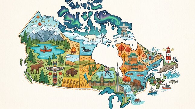 Artistic travel map of Canada highlighting regional geography, wildlife, northern lights, and architecture