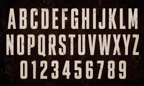 Vintage Grunge Alphabet and Numbers Set - Distressed Industrial Typography Vector for Athletic, Military, and Retro Design Projects - Textured Bold Sans-Serif Font Collection