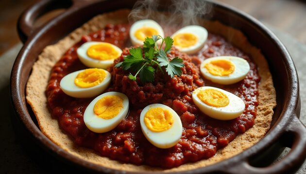 Ethiopian injera platter with spicy doro wat stew and hardboiled eggs. Steam rises from the hot dish served in a traditional clay pot. Garnished with fresh parsley.