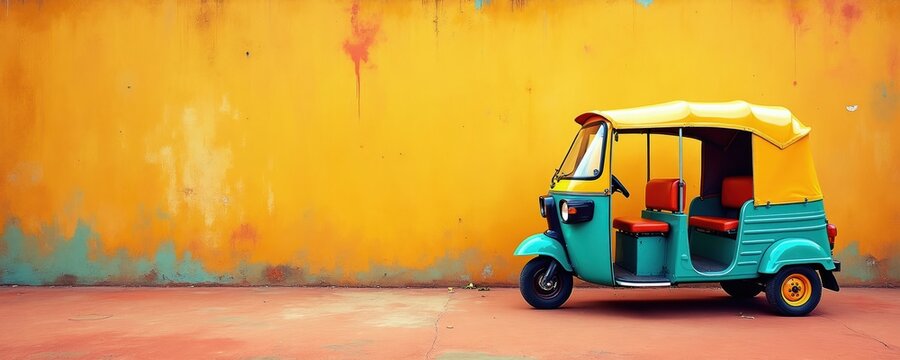 Colorful auto rickshaw parked against vibrant yellow wall. This three-wheeled vehicle features a turquoise body and yellow canopy, symbolizing traditional transport and cultural experiences in Asia.