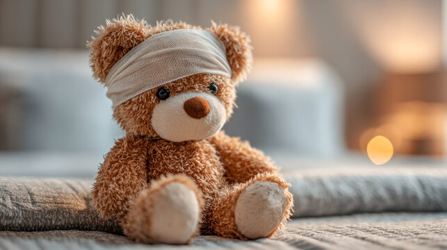 Soft teddy bear with a head bandage sitting on a cozy bed with warm lighting in a blurred bedroom background symbolizing care and recovery