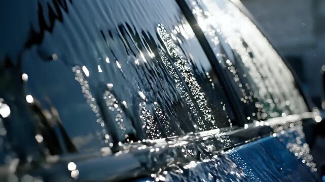 Closeup of Water Droplets on a Car Windshield During a Wash.