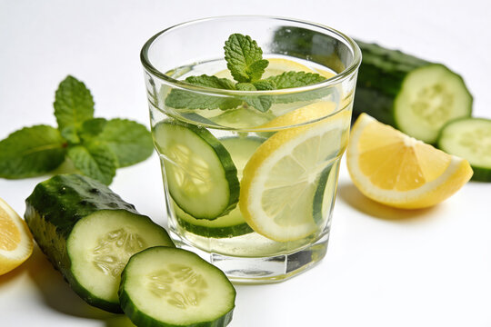 Refreshing cucumber lemon detox water with fresh mint in glass on white background