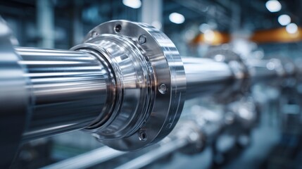 Fototapeta premium Highly polished cylindrical metal shaft with flange and bolts in a modern industrial manufacturing setting with blurred background lights and machinery details