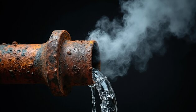 Old rusty pipe leaks water and steam. Metal corrodes, water flows out with escaping vapor. Industrial decay, plumbing failure and home repair issues visualized.