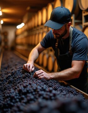 Man sorts dark grapes by hand in winery cellar. Worker checks fruit quality near wooden barrels stacked on racks. Autumn harvest preparation for wine production.