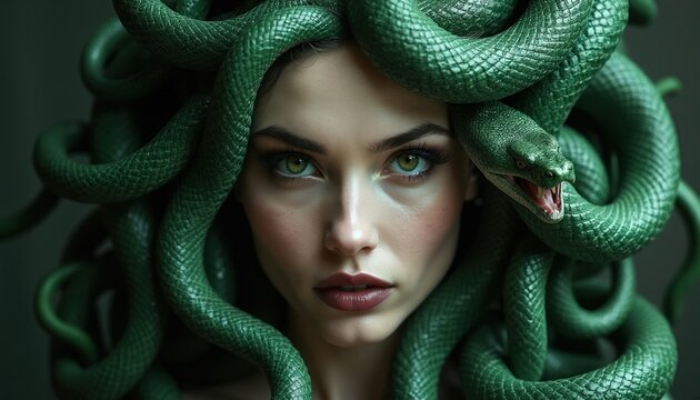 Close up portrait of Gorgon Medusa with green snake hair. Woman has intense stare with bright green eyes and snakes coiled around her head. One snake shows fangs, ready to strike.