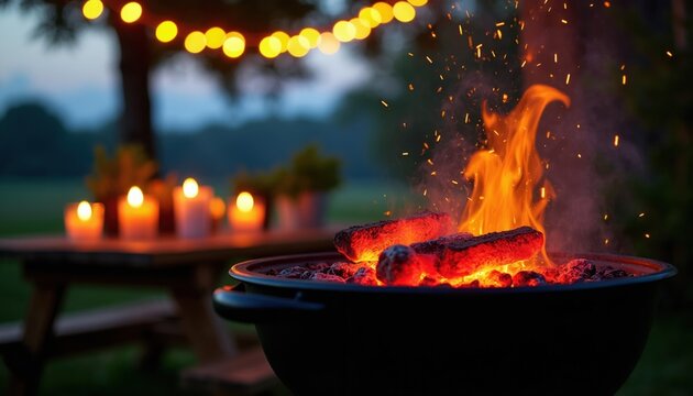 Barbecue grill glows with hot coals and bright flames. String lights add festive mood to evening backyard gathering. Candles on table create warm ambience for outdoor meal.