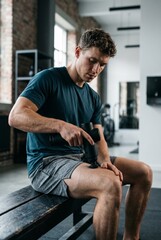 Fototapeta premium Athletic man using a handheld percussion massage gun on his thigh for muscle recovery in a modern gym setting