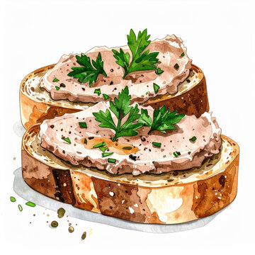 Watercolor painting of crusty bread with smooth liver pate and fresh green herbs, soft earthy tones, hand-drawn aquarelle style, isolated on white