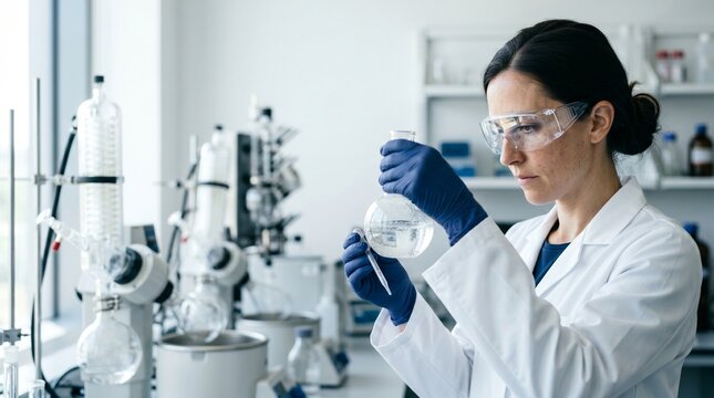 Female scientist in white lab coat and safety goggles conducting research in a modern laboratory, holding a chemical flask