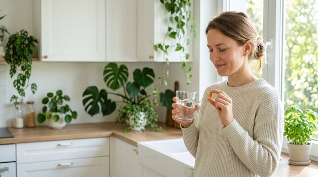 Young woman taking a daily supplement or vitamin pill with a glass of water in a bright modern kitchen filled with houseplants