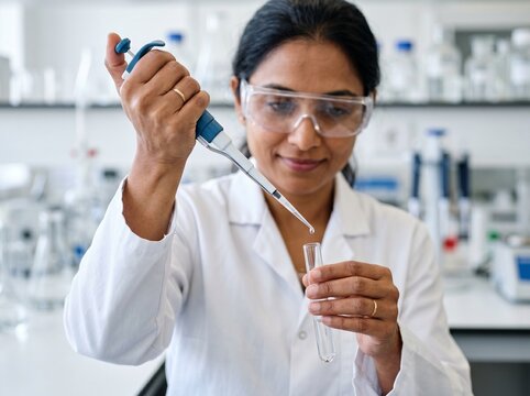 Female Indian scientist in a white lab coat and safety goggles using a micropipette to transfer liquid into a test tube in a modern research laboratory