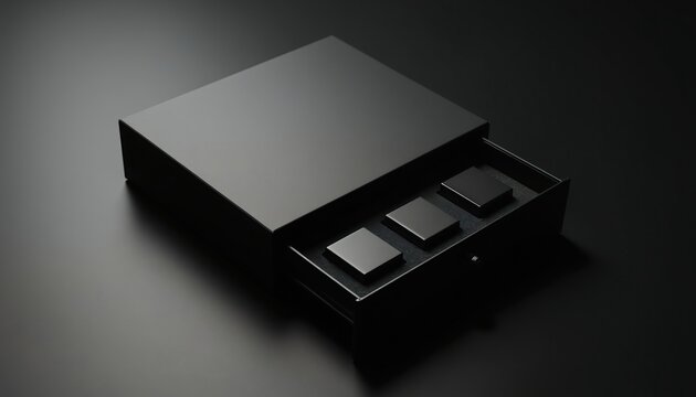 Sleek black box with sliding drawer open reveals three square product holders. This elegant package design presents premium items with minimalist appeal, ideal for luxury goods.