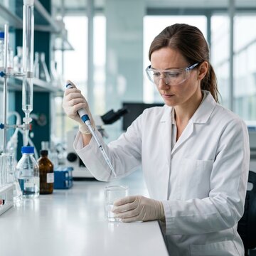 Female Scientist Using Micropipette for Liquid Transfer in Modern Laboratory