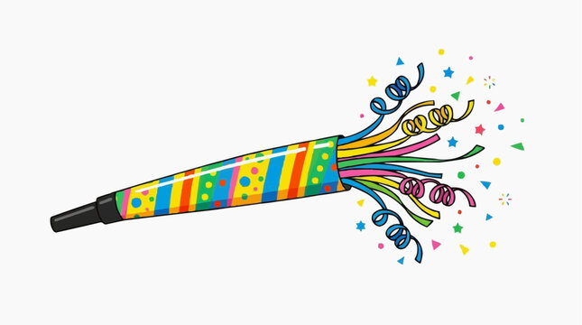 A vibrant party noisemaker expels colorful confetti and streamers in a photorealistic illustration, perfectly capturing the fun and excitement of celebrations. 