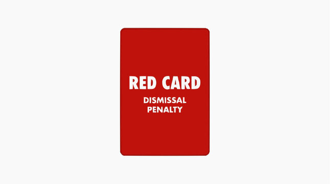 A vibrant, eye-level shot capturing a solitary red card, highlighting RED CARD, DISMISSAL, PENALTY on a vivid, scarlet background, symbolizing disciplinary action in a visually compelling display.