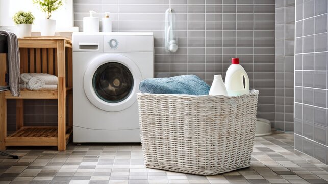 Laundry basket with detergent sits by the washing machine in the bathroom.
