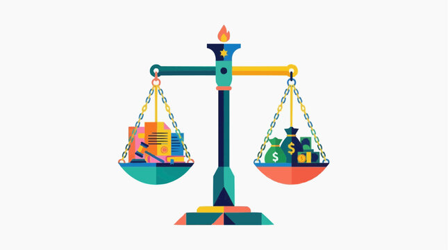 Conceptual illustration of a scale balancing assets and liabilities, symbolizing financial balance and decision-making in a digital artwork. 