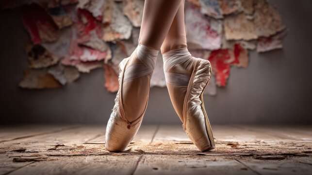 Lower body of ballet performer in pointe stance on wooden floor