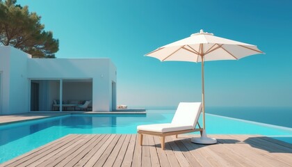 Fototapeta premium Modern white chair sits beside infinity pool under bright sun and clear blue sky. Umbrella offers shade on wooden deck. Relaxing resort scene with ocean view.