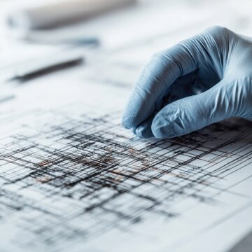 Person wearing blue gloves erasing pencil marks on complex architectural blueprint for building design and construction planning process