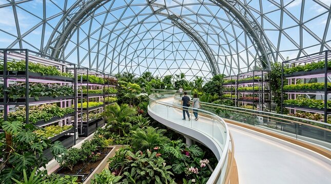Modern indoor vertical farming facility inside a large glass dome greenhouse with lush tropical plants and a winding elevated walkway for visitors