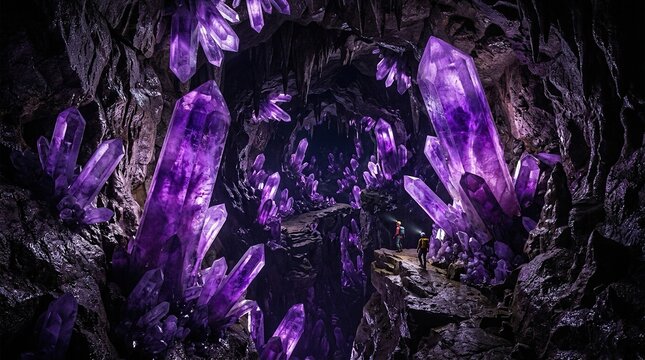 Explorers standing inside a massive cave filled with giant glowing purple amethyst crystals, subterranean cavern adventure with dramatic lighting