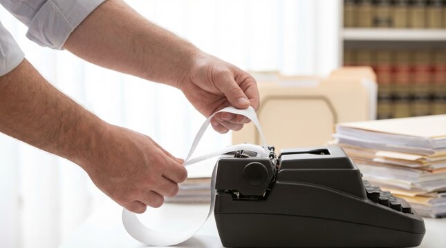 Office worker tearing a strip of white paper from a black electric typewriter or adding machine