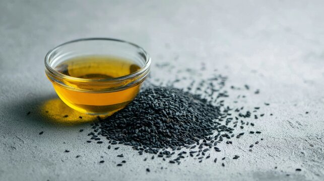 Small black cumin seeds and their oil sit on a light grey table, viewed up close.